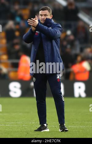 WOLVERHAMPTON, GROSSBRITANNIEN. JAN 9th Paul Heckingbottom, Manager von Sheffield United, applaudiert den Fans während des FA Cup-Spiels zwischen Wolverhampton Wanderers und Sheffield United am Sonntag, den 9th. Januar 2022 in Molineux, Wolverhampton, zu Vollzeit. (Kredit: Kieran Riley | MI Nachrichten) Kredit: MI Nachrichten & Sport /Alamy Live Nachrichten Stockfoto