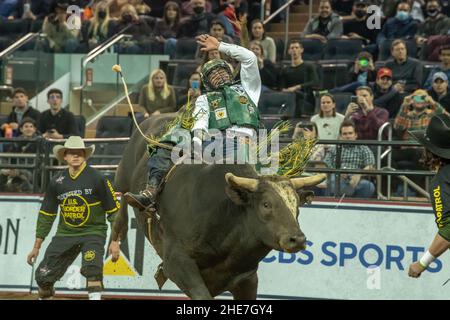 NEW YORK, NY - 07. JANUAR: Andrew Alvidrez reitet Young man's Blues während des Professional Bull Riders 2022 Unleash the Beast Events am Madison Square Stockfoto