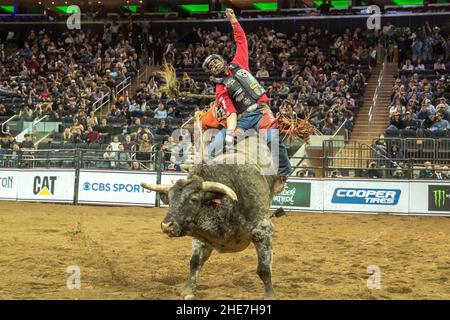 NEW YORK, NY - JANUAR 07: Silvano Alves reitet Codigo während der Professional Bull Riders 2022 Entfesseln Sie das Beast-Event am Madison Square Garden am Januar Stockfoto