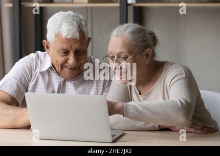 Glücklich Bindung altes Paar mit Computer zu Hause. Stockfoto