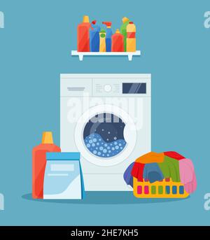 Waschmaschine, Wäschekorb und Reinigungsprodukte. vektorgrafik in flachem Stil. Eps 10 Stock Vektor