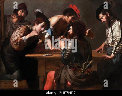 Soldaten spielen Karten und Würfel (die Cheats) von Valentin de Boulogne (c..1591-1632), Öl auf Leinwand, c.. 1618-20 Stockfoto