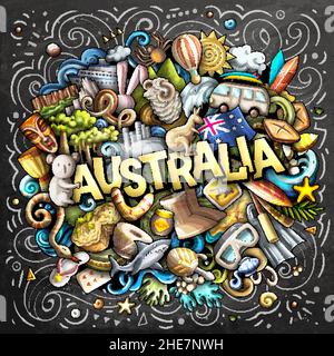 Australien Kreidetafel Cartoon Doodle Illustration. Lustiges australisches Design. Kreativer Vektorhintergrund. Handgeschriebener Text mit Länderelementen von Ozeanien Stock Vektor