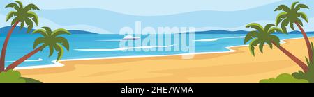 Strandlandschaft mit Meer und Palmen, Sommerhintergrund. Die Küste, Berge am Horizont, ein Boot, das auf dem Meer segelt. Vektorgrafik Stock Vektor
