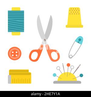Satz von Nähwerkzeugen auf weißem Hintergrund isoliert Stock Vektor