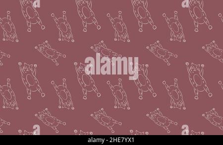 Lustiges Muster mit Katzenfitness. Weißer violetter Hintergrund. Niedliche dicke lineare Katzen. Nahtloser Druck für Kinderkleidung, Textilien und Notizbücher. Stylisch Stock Vektor