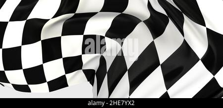 3D Rendering des Motorsport-Zielflaggenkonzepts auf weißem Hintergrund Stockfoto