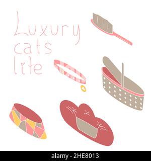 Sammlung einfacher flacher Symbole in isometrischer Perspektive. Set von niedlichen Objekten, Elementen, Gegenständen für Katzen und Haustiere. Symbol für Logo, Emblem, Etikett, Stock Vektor