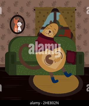 Illustration für Kinderbücher. Cover für Märchen, Geschichten, Erzählungen. Katze Mutter streichelte ihren großen schwanger Bauch. Gemütliche Mutterschaft, glückliche Schwangerschaft. Stock Vektor