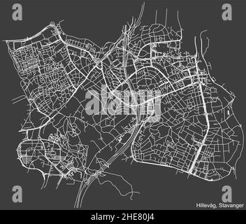 Detaillierte negative Navigation white lines urban Street roads map of the Quarter HILLEVÅG BOROUGH of the Norwegian regional Capital City of Stavanger, Stock Vektor