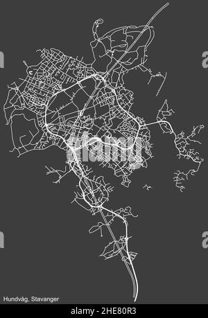 Detaillierte negative Navigation white lines urban Street roads map of the Quarter Hundvåg BOROUGH of the Norwegian regional Capital City of Stavanger, Stock Vektor