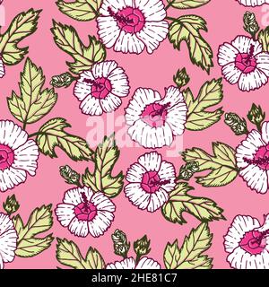 Nahtloses Muster mit Hibiskusblüten, Blättern und Knospen auf rosa Hintergrund. Stock Vektor