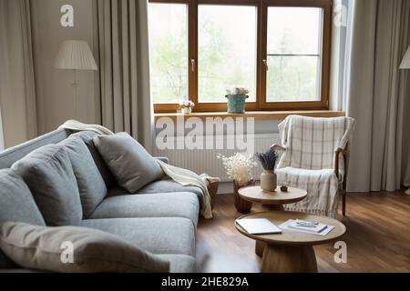 Gemütliche, moderne Wohnzimmereinrichtung mit weicher, komfortabler Couch Stockfoto