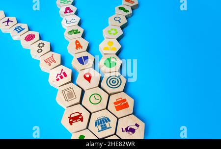 Ketten mit Geschäftsattributen werden zu einem einzigen Thread zusammengefasst. Gründung eines erfolgreichen Unternehmens. Business-Tools und -Services. Management des Unternehmertums Stockfoto