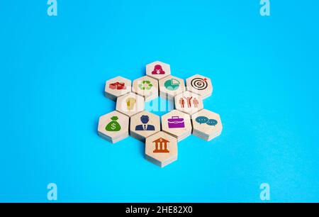 Geschäftsattribute Schneeflocke Struktur. Erfolgreiches Unternehmenskonzept. Effektive Organisation. Ein neues Paradigma. Management des Unternehmertums. Verbesserung in Stockfoto