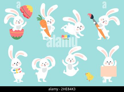 Cartoon osterhase. Kaninchen versteckt, Hasen mit Eiern und Blumen. Niedliche Frühlingsfiguren, Hase bemalt und Huhn. Der Urlaub war in Ordnung Stock Vektor