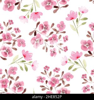 Abstraktes Muster mit Blumensträußen aus rosa Blüten, die in Aquarell auf transparentem Hintergrund gezeichnet sind Stock Vektor