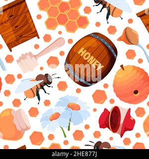 Honigmuster. Transparente Bienenwachs Apiary Elemente Blumen Nektar Wabe grellen Vektor nahtlose Hintergrund Stock Vektor
