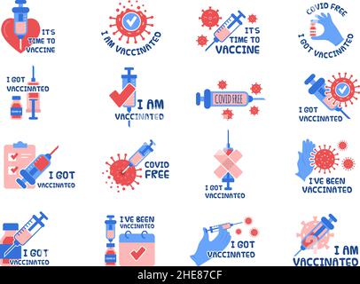 Impfsymbole. Virus geschützte Abzeichen mit Spritze Bild Impfung pharmazeutische Bilder medizinische Aufkleber aktuelle Vektor-Illustration Stock Vektor