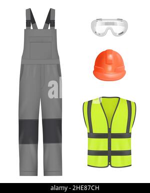 Branchenweit einheitlich. Realistische Arbeitskleidung professionelle Konstrukteure oder Ingenieur Hosen Helm Schuhe und Jacke mit Reflexion farbigen Linien anständigen Vektor Stock Vektor