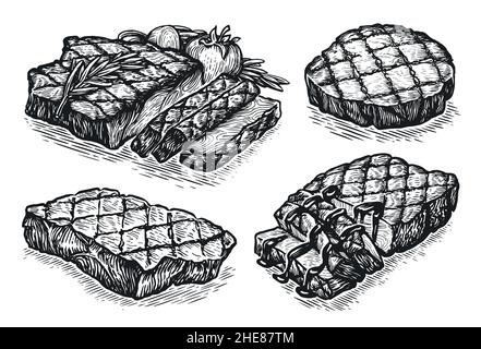 Handgezeichnetes Fleischset mit Skizze. Vektorgrafik Steak, Grill Stock Vektor