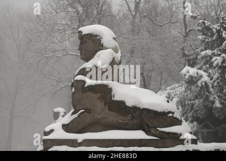 Winter in Serbien: Schnee auf dem Berg Avala, Belgrad Stockfoto