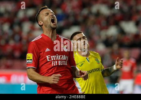 Lissabon, Portugal. 09th Januar 2022. Haris Seferović Stürmer von SL Benfica reagiert während des Liga Portugal Bwin-Spiels zwischen SL Benfica und FC Paços de Ferreira am 09. Januar 2022 in Lissabon, Portugal. Valter Gouveia/SPP Credit: SPP Sport Press Photo. /Alamy Live News Stockfoto