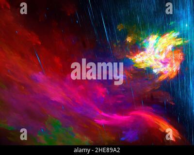 Futuristischer, farbenfroher Hintergrund - ungewöhnliche Landschaft mit Regenstrahlen Stockfoto