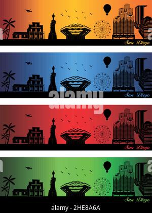 San Diego Stadt in vier verschiedenen Farben - Illustration, Stadt im orangen Hintergrund, San Diego, Kalifornien Stock Vektor