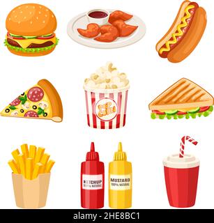 Cartoon Fast-Food-Elemente. Junk-Snack, Lebensmittel in Café-Ikonen. Hotdog, Süßgetränk, Pizzablecken und Saucen. Isoliertes Burger-Restaurant, Essen garish Stock Vektor