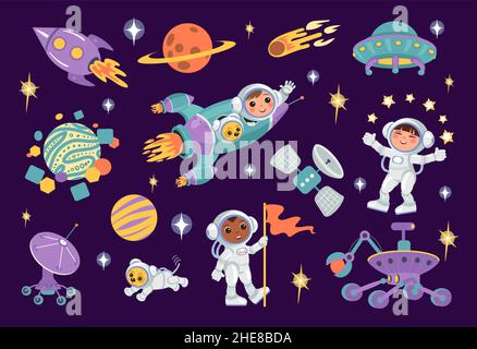 Kinder-Astronauten mit Weltraumelementen. Cartoon kleine Kosmonauten Zeichen. Jungen und Mädchen in Raumanzügen. Planeten und Raketen. Universumsforscher Stock Vektor