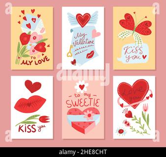 Niedliche Valentinskarten. Romantische Grußpostkarten. Liebe Feiertag Feier Symbole. Liebespaare. Küssen von Lippen und Buchstaben. Schmetterling und Stock Vektor