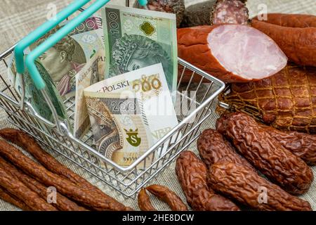 Polnisches Geld, große Stückelungen in einem leeren Warenkorb, um verschiedene Arten von Aufschnitt, Konzept, steigende Preise für Fleischprodukte und Lebensmittel in Stockfoto