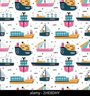 Niedliche Babyboote nahtloses Muster. Kindliche Cartoon-Schiffe. Jungen Kinderprints. Hintergrundbild für die Seenavigation. Seemaschinen. Segelboote und Yachten. Wasser Stock Vektor