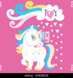 Ich liebe dich Karte. Magisches Einhorn im niedlichen Märchenstil Stock Vektor