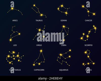 Sternbilder leuchtender Tierkreiszeichen. Astronomische Sternensymbole. Symbole für Krebs und Skorpion. Glühende Waage und Stier am Himmel. Astrologische Sterne Stock Vektor