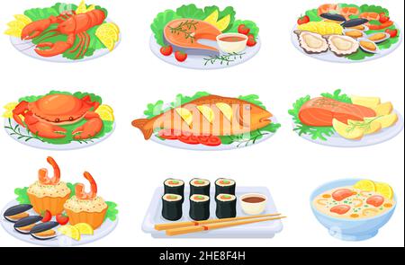 Cartoon-Teller mit Meeresfrüchten. Meeresfrüchte-Gerichte, Kochen Fisch Grill, Abendessen Lachs, mediterrane Garnelen, gekochter Hummer Mittagessen, Krabbensalat, Steak Oktopus Set-Vektor. Illustration der Sammlung von Meeresfrüchten Stock Vektor
