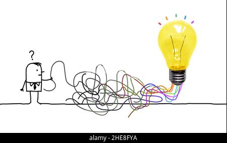 Handgezeichnet verwirrt Carton Mann mit verworrenen Linien gehen zu einer Light Bulb Stockfoto