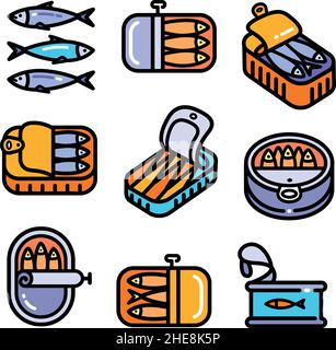 Sardinen in Zinn können isolierte flache Symbole setzen. Portugal Food-Ikonen in einfachem Stil. Vector Portugiesische nationale Lebensmittel, Meeresfrüchte Produktverpackung. Konserven A Stock Vektor