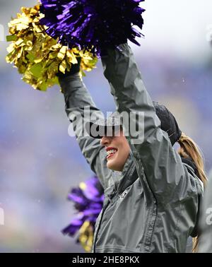 Baltimore, Usa. 09th Januar 2022. Ein Cheerleader der Baltimore Ravens tritt am Sonntag, den 9. Januar 2022, in der ersten Hälfte im M&T Bank Stadium in Baltimore, Maryland, gegen die Pittsburgh Steelers auf. Foto von David Tulis/UPI Credit: UPI/Alamy Live News Stockfoto