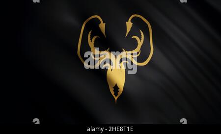 Flatternde Flagge mit goldenem kraken auf schwarzem Hintergrund, nahtlose Schleife. Greyjoy Haus Emblem, Spiel der Throne Konzept Stockfoto