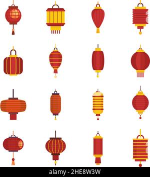 Asiatische flache Cartoon Laternen Symbole Vektor-Set Stock Vektor