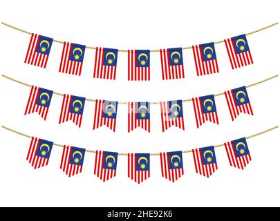 Malaysia Flagge auf den Seilen auf weißem Hintergrund. Satz patriotischer Fahnen. Bunting Dekoration der Malaysia Flagge Stock Vektor