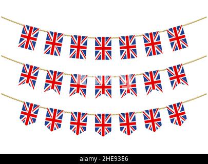 Britische Flagge auf den Seilen auf weißem Hintergrund. Satz patriotischer Fahnen. Bunting Dekoration der britischen Flagge Stock Vektor