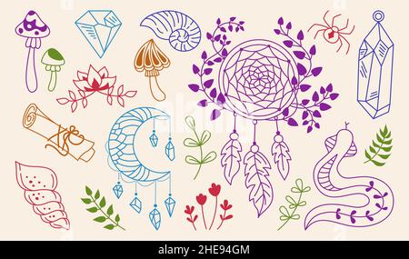 Mystic Doodle Set, Witchcraft Symbole Kristall, Schale, Traumfänger, Spinne, Schlange. Spirituelles Boho handgezeichnete okkulte Elemente. Zauberer Zeichen Alchemie und esoterische. Für Tattoo, Stempel, drucken Hexenvektor Stock Vektor