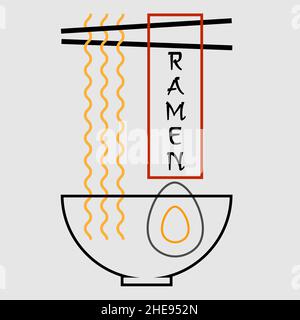 Abstraktes minimales Ramen-Nudellogo aus Essstäbchen und Tassennudeln umreißt 1 Stock Vektor