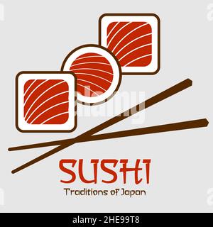 Abstraktes, minimalistisches Sushi-Logo aus Sushi-Essstäbchen und Schriftzug 1 Stock Vektor