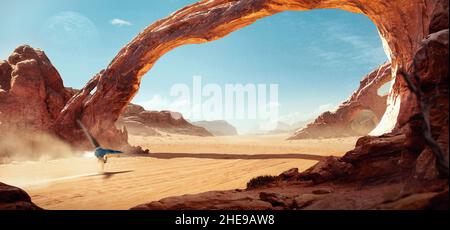 Fantastica Sci-Fi-Landschaft eines Raumschiffs an einem sonnigen Tag, fliegen über eine Wüste mit erstaunlichen bogenförmigen Felsformationen. Stockfoto