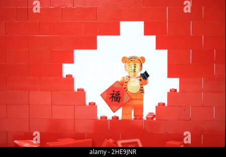 Die Menschen feiern das chinesische Neujahrsfest, das sich im Mondneujahr mit Tierkreis verkleidet Stockfoto