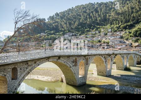 Historische Gorica-Brücke in der Stadt Berat, Albanien Stockfoto